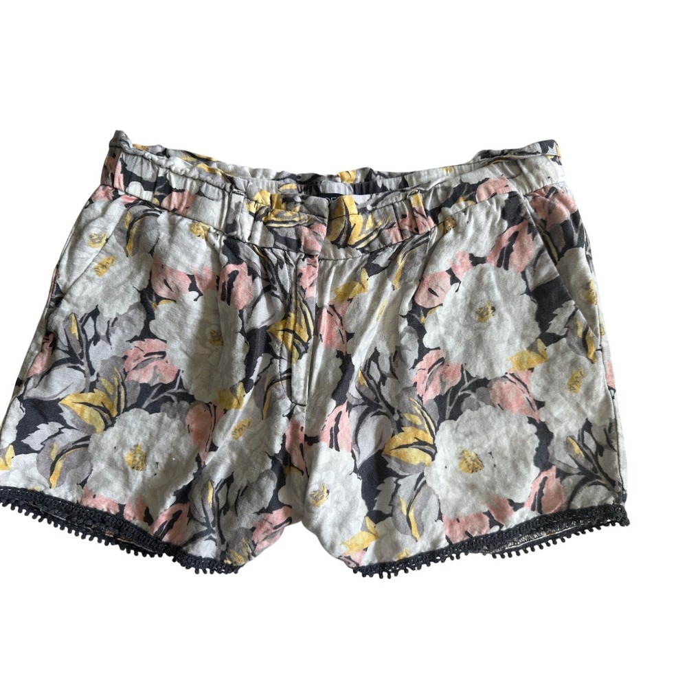 LOFT Floral Linen Blend Lace Knit Trim Shorts Grey Pink Yellow Size S